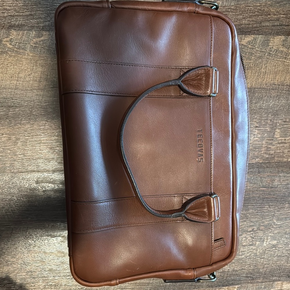 Brown Leather Briefcase with Structured Design and Sturdy Handles